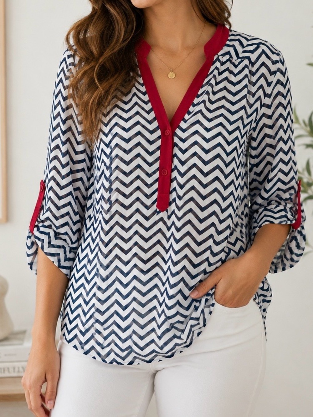 Women’s Chevron V-Neck Blouse with Red Trim. 1XL